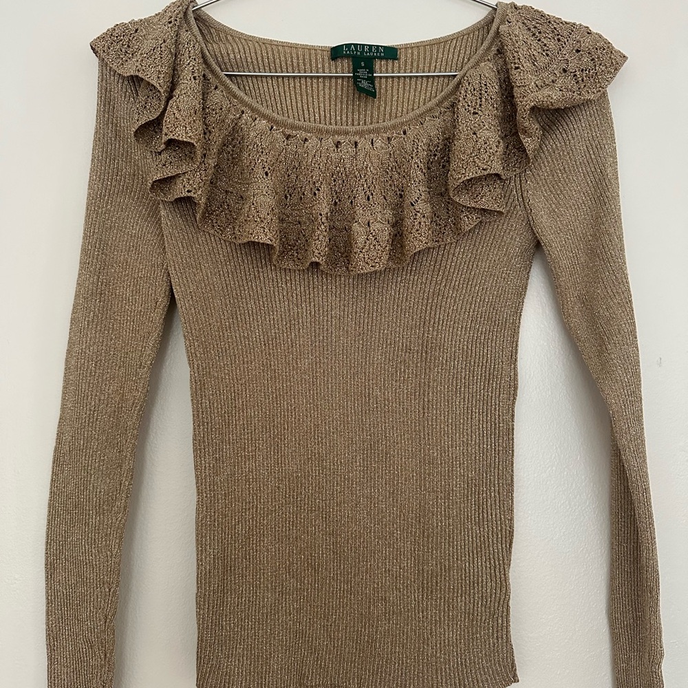 Ralph Lauren Tan Crew Neck Sweater with Ruffle Detail